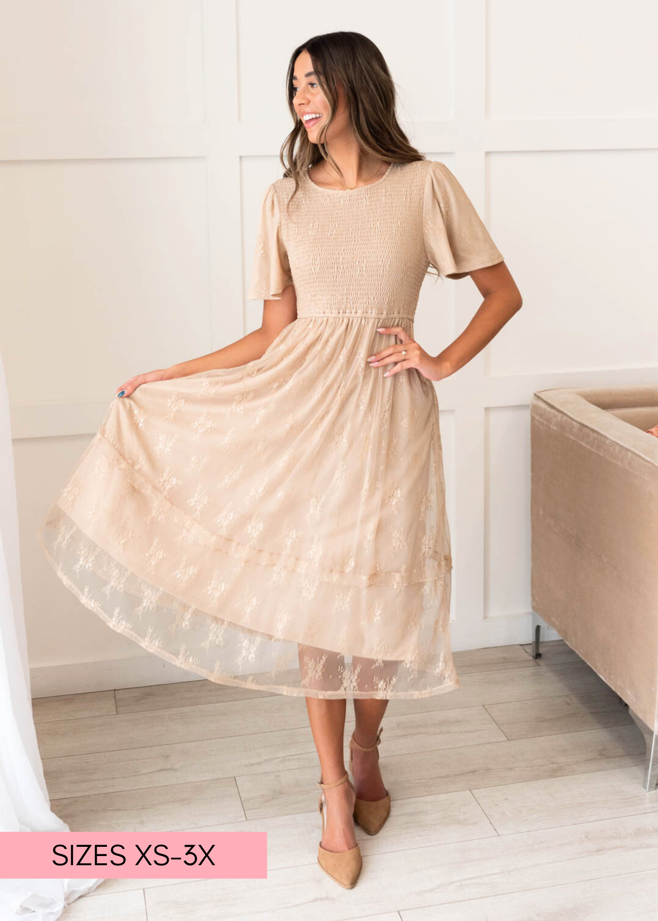 Quinn Beige Smocked Lace Dress