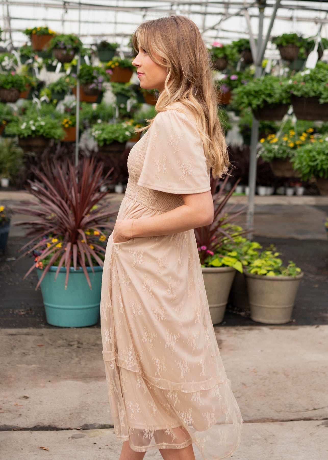 Quinn Beige Smocked Lace Dress