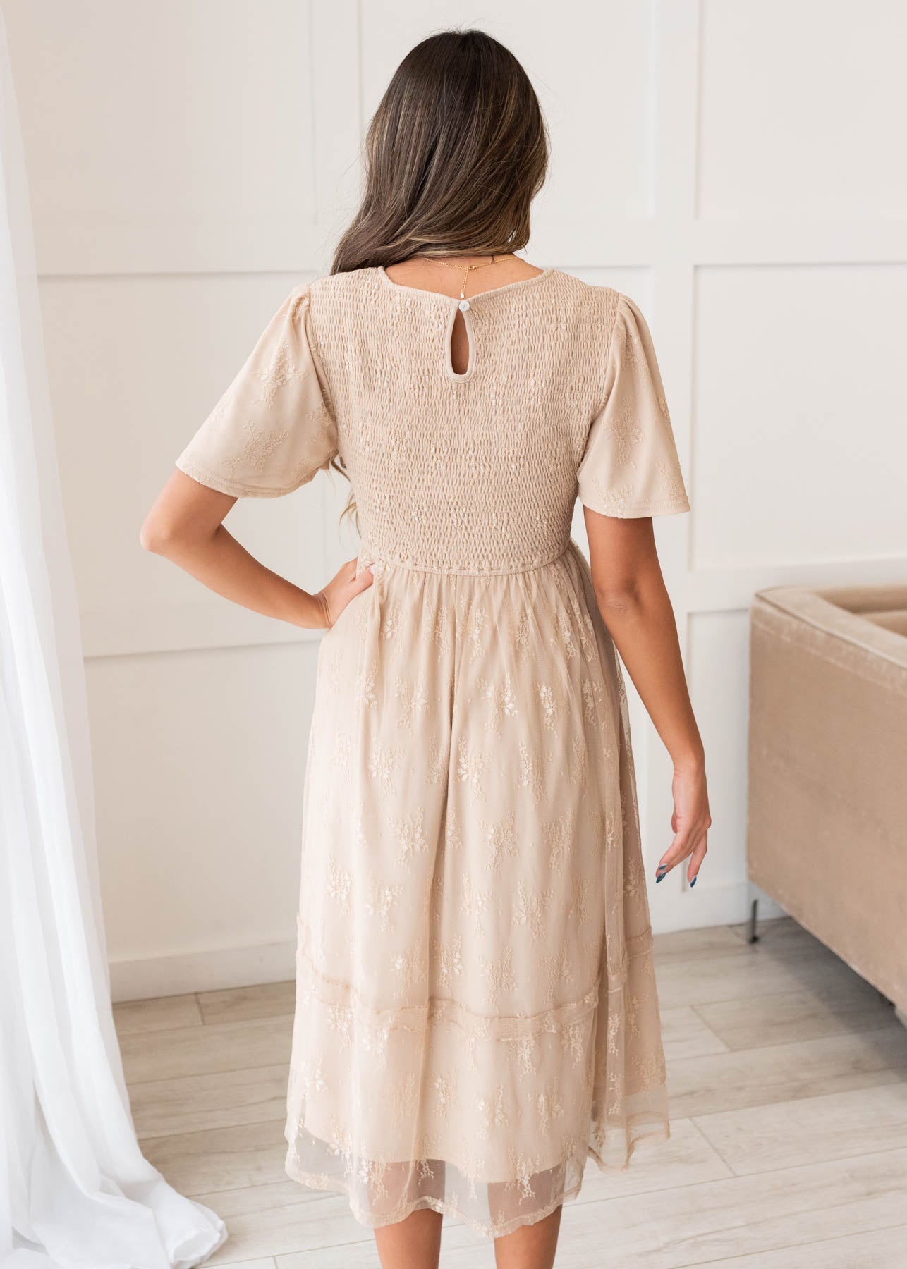 Quinn Beige Smocked Lace Dress