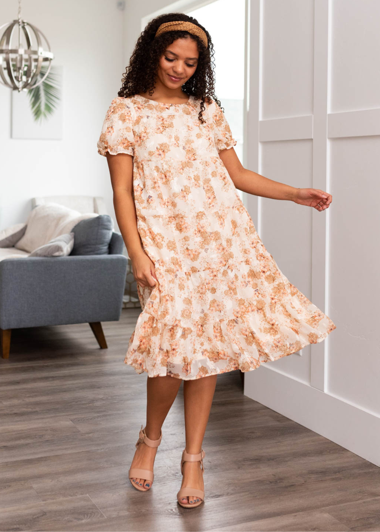 Quinn Peach Floral Tiered Dress