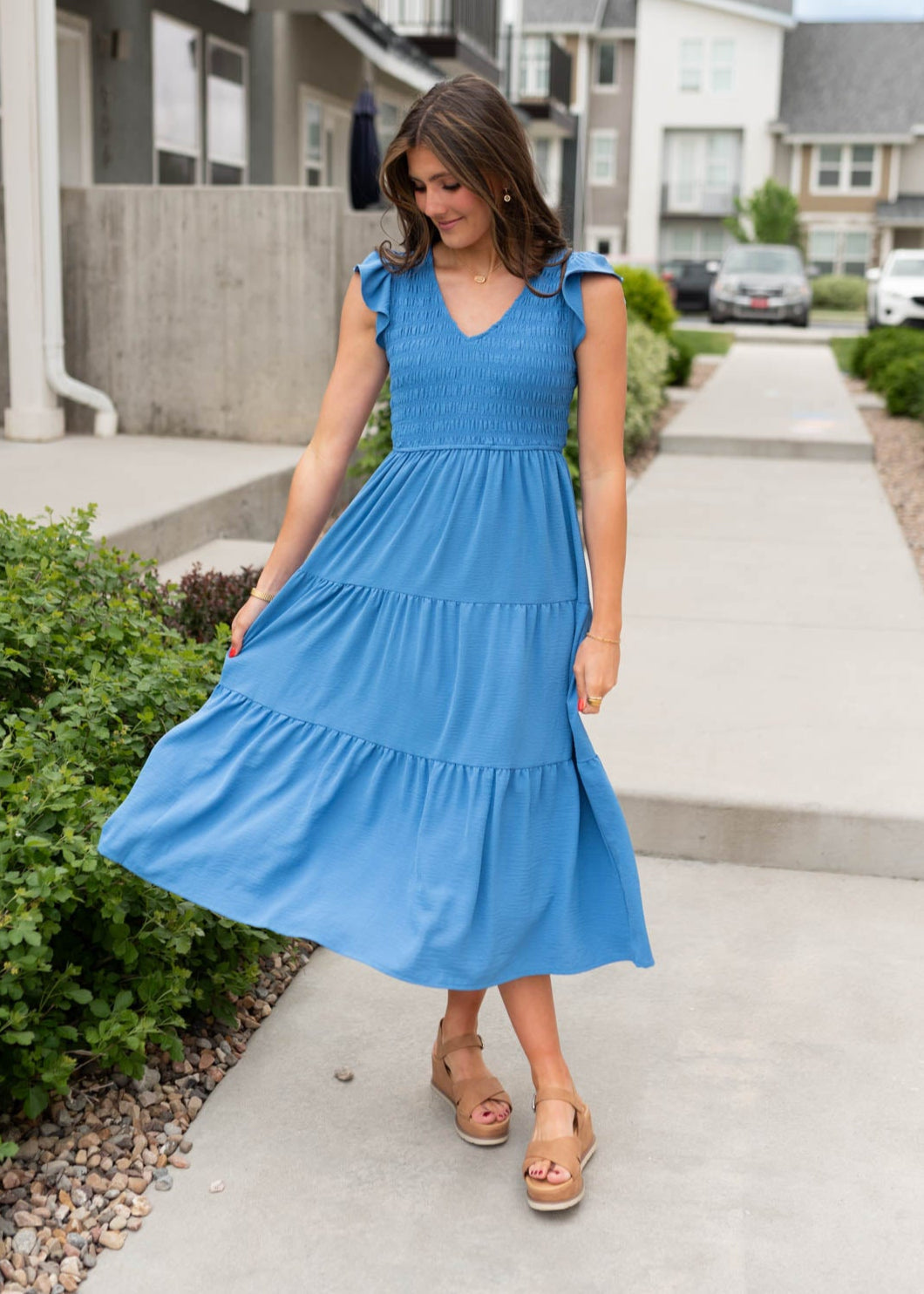 Rachelle Blue Flutter Sleeve Dress