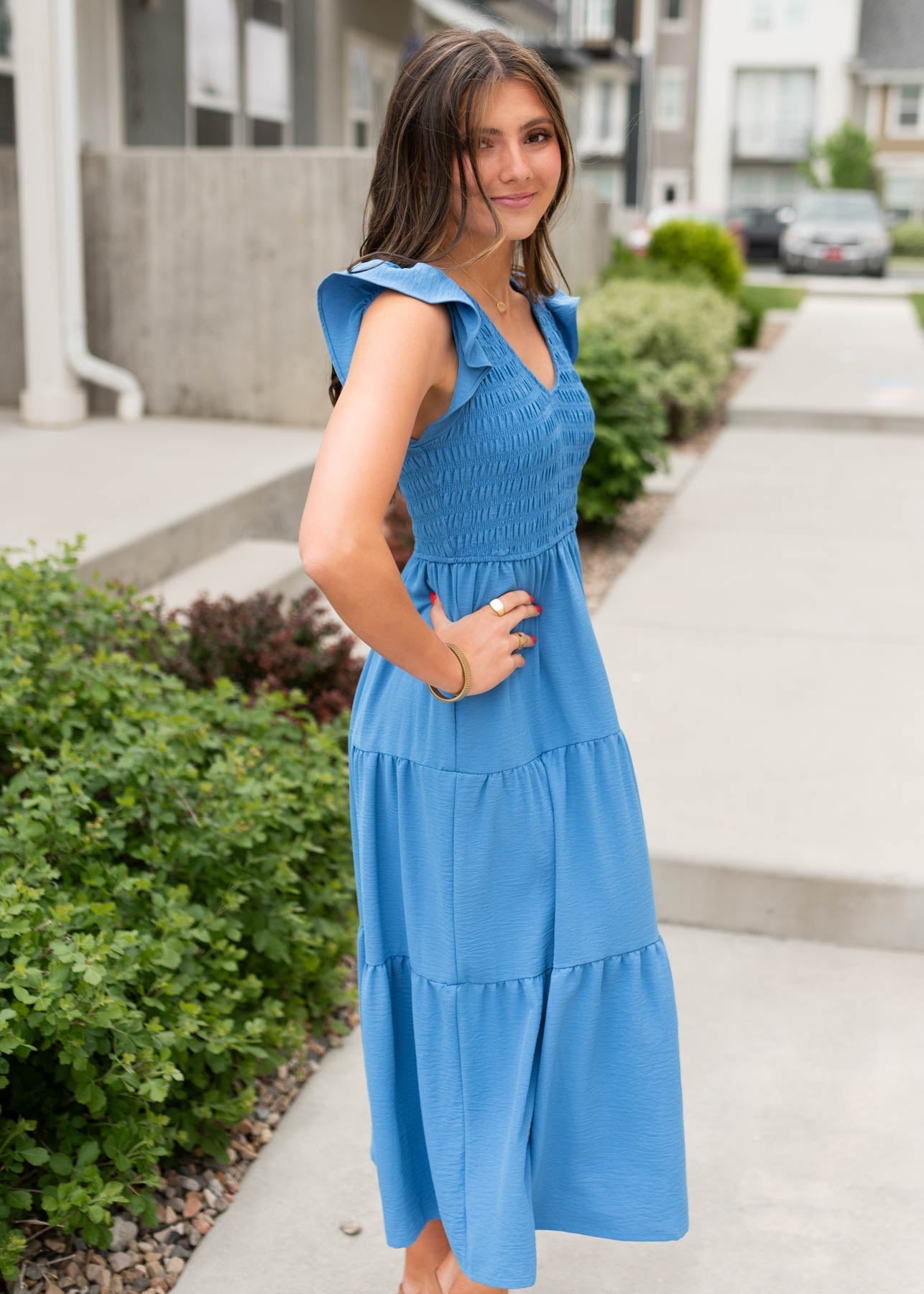 Rachelle Blue Flutter Sleeve Dress