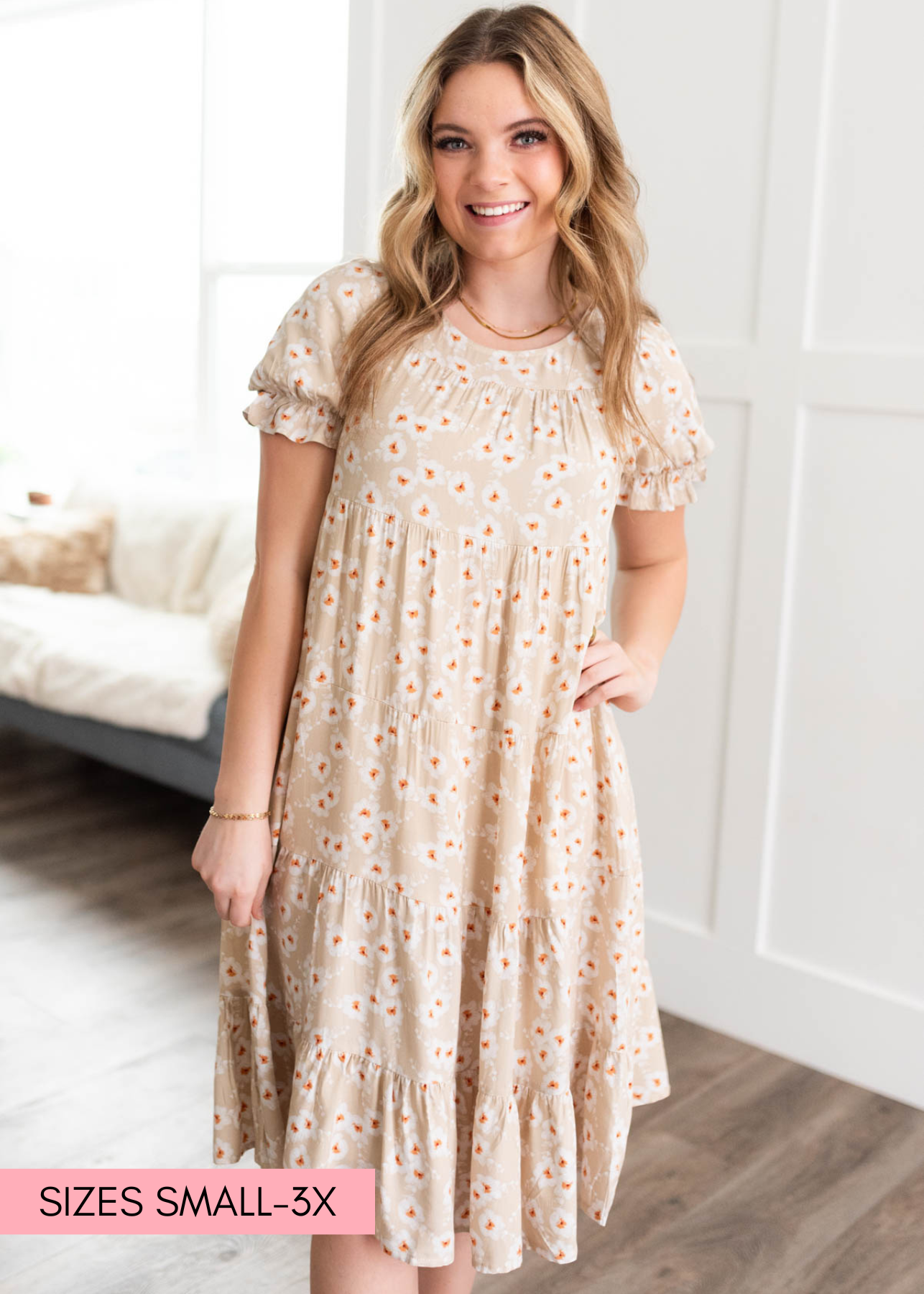 Reagan Beige Floral Tiered Dress