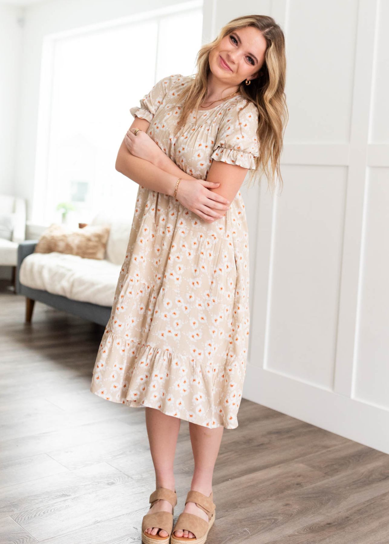 Reagan Beige Floral Tiered Dress