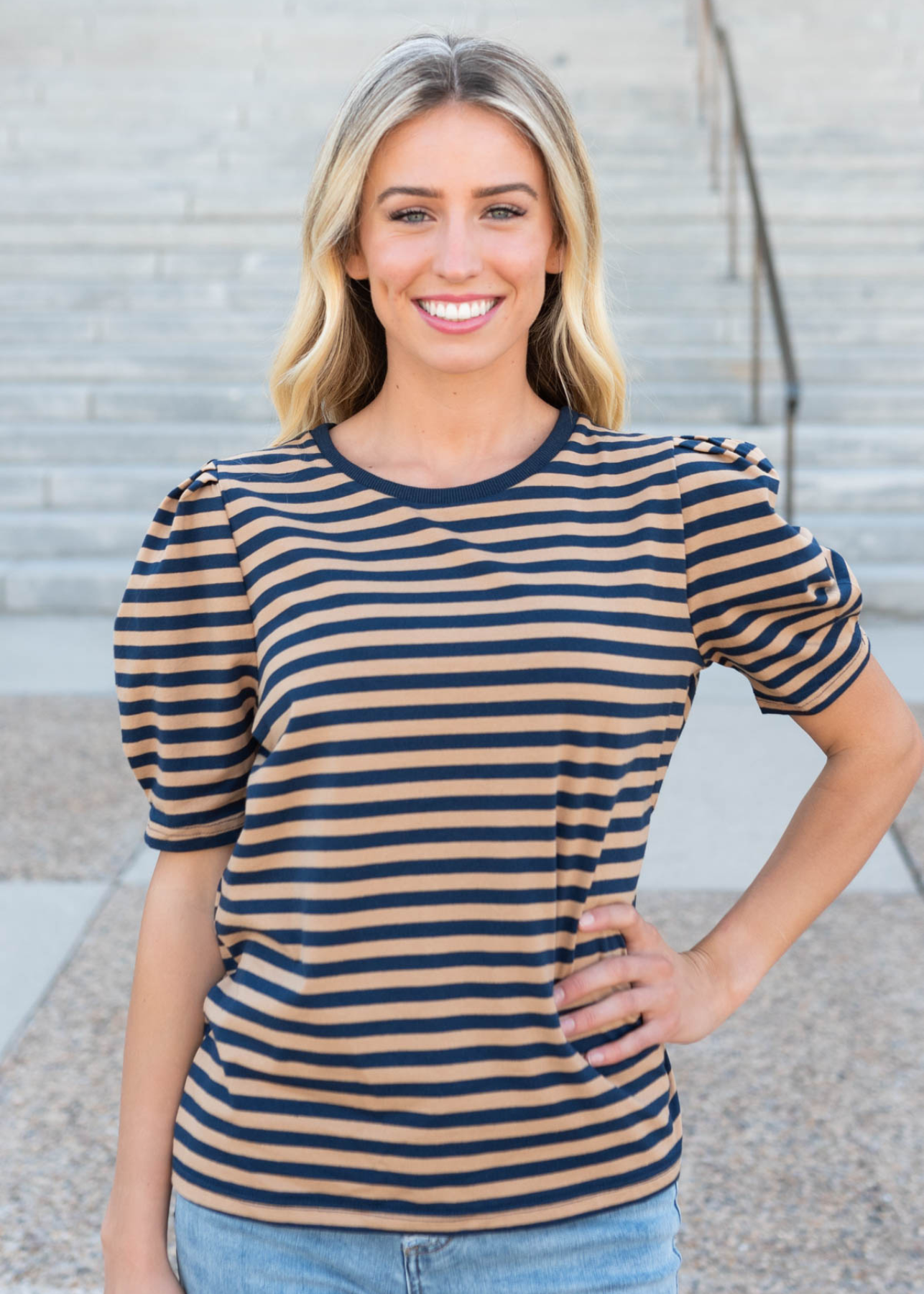 Reagan Navy Camel Stripe Top