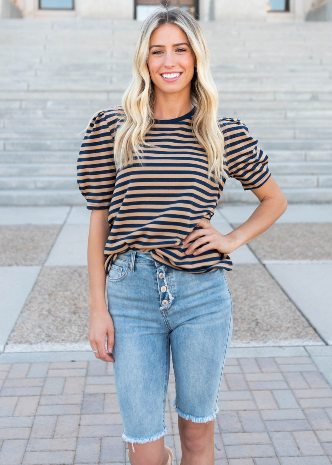 Reagan Navy Camel Stripe Top