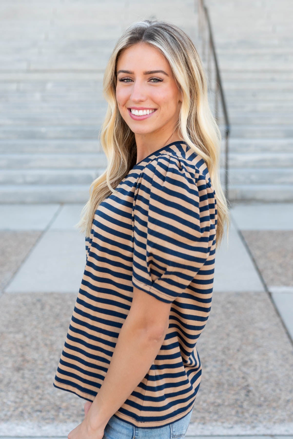 Reagan Navy Camel Stripe Top