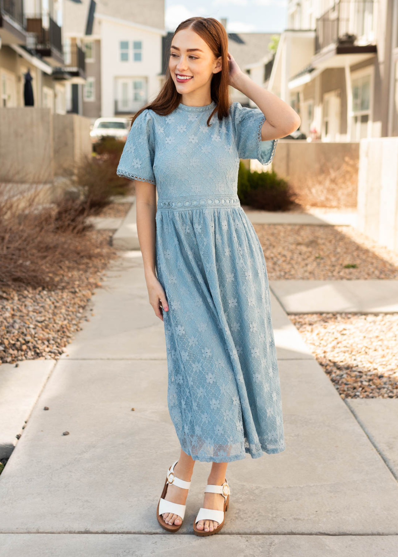 Regina Dusty Blue Corded Lace Dress