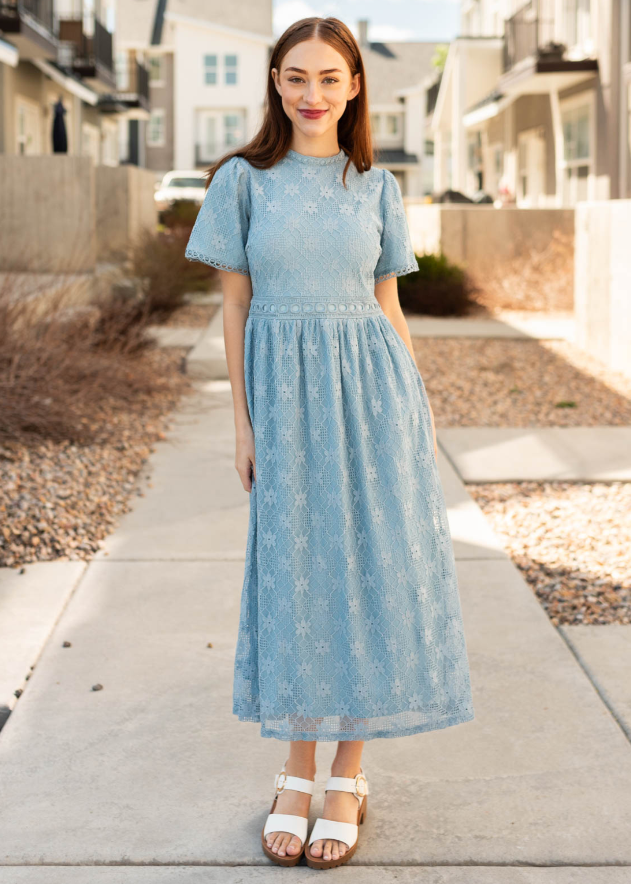 Regina Dusty Blue Corded Lace Dress