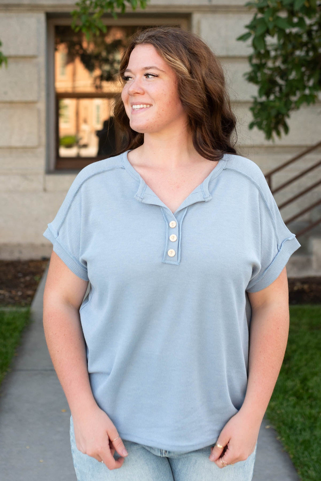 Robin Vintage Blue Waffle Knit Top
