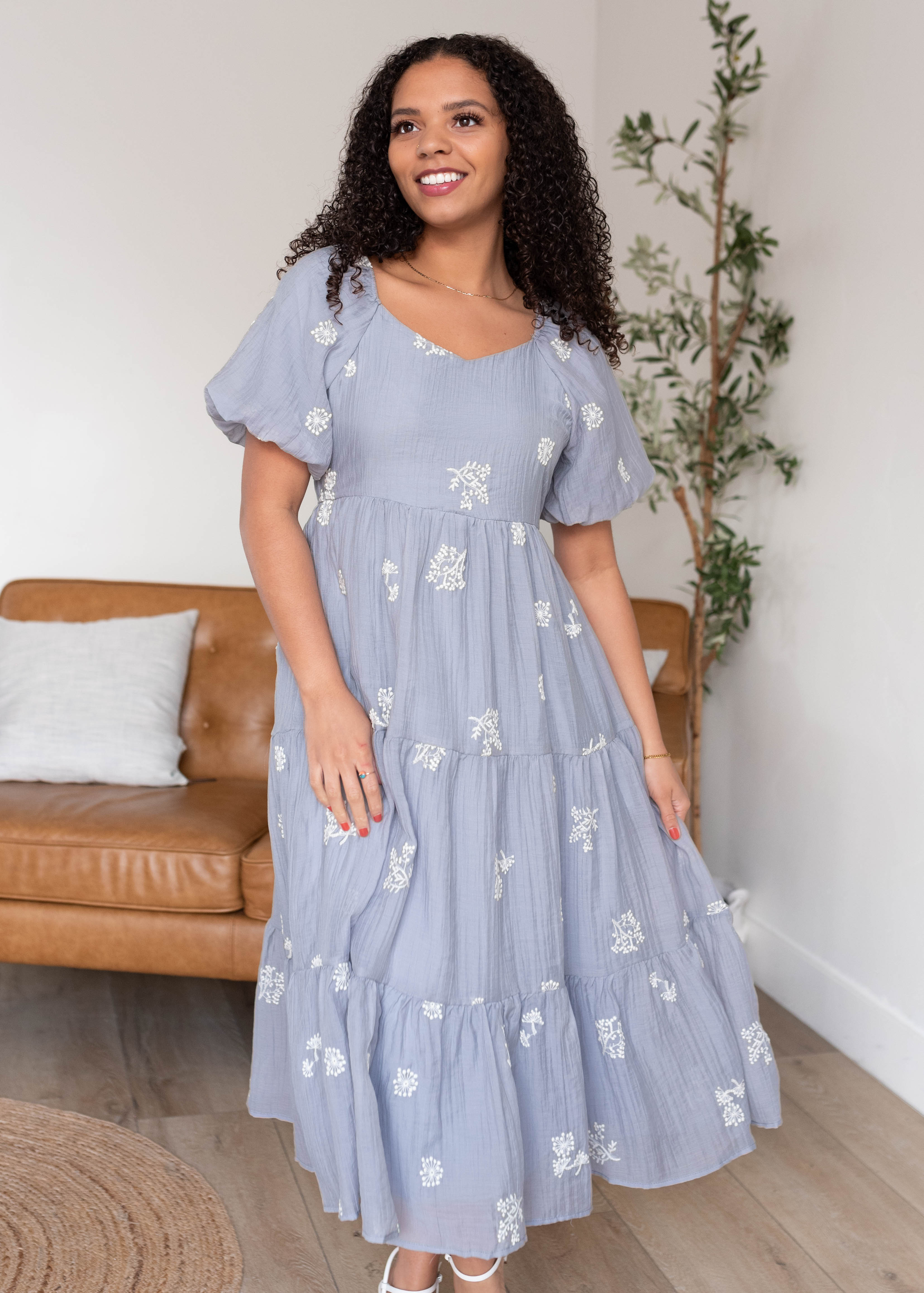 Rosie Dusty Blue Embroidered Dress