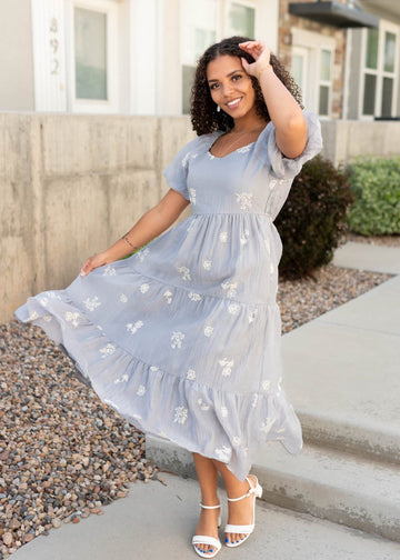Rosie Dusty Blue Embroidered Dress