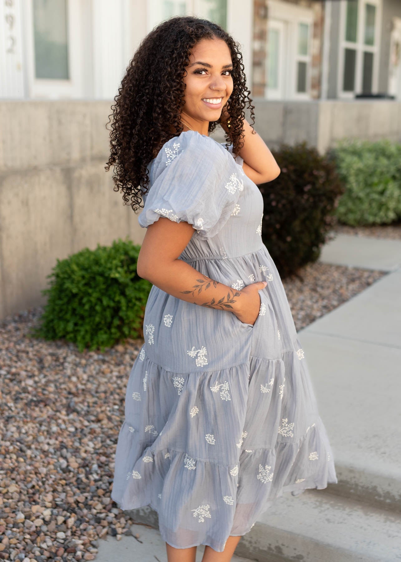Rosie Dusty Blue Embroidered Dress