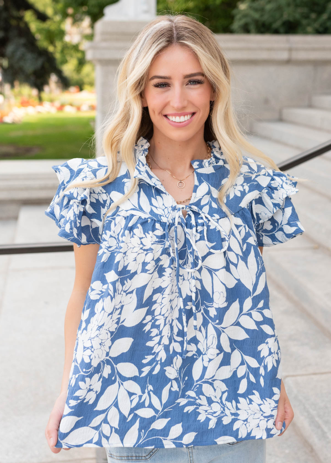 Ryan Blue Floral Ruffle Top