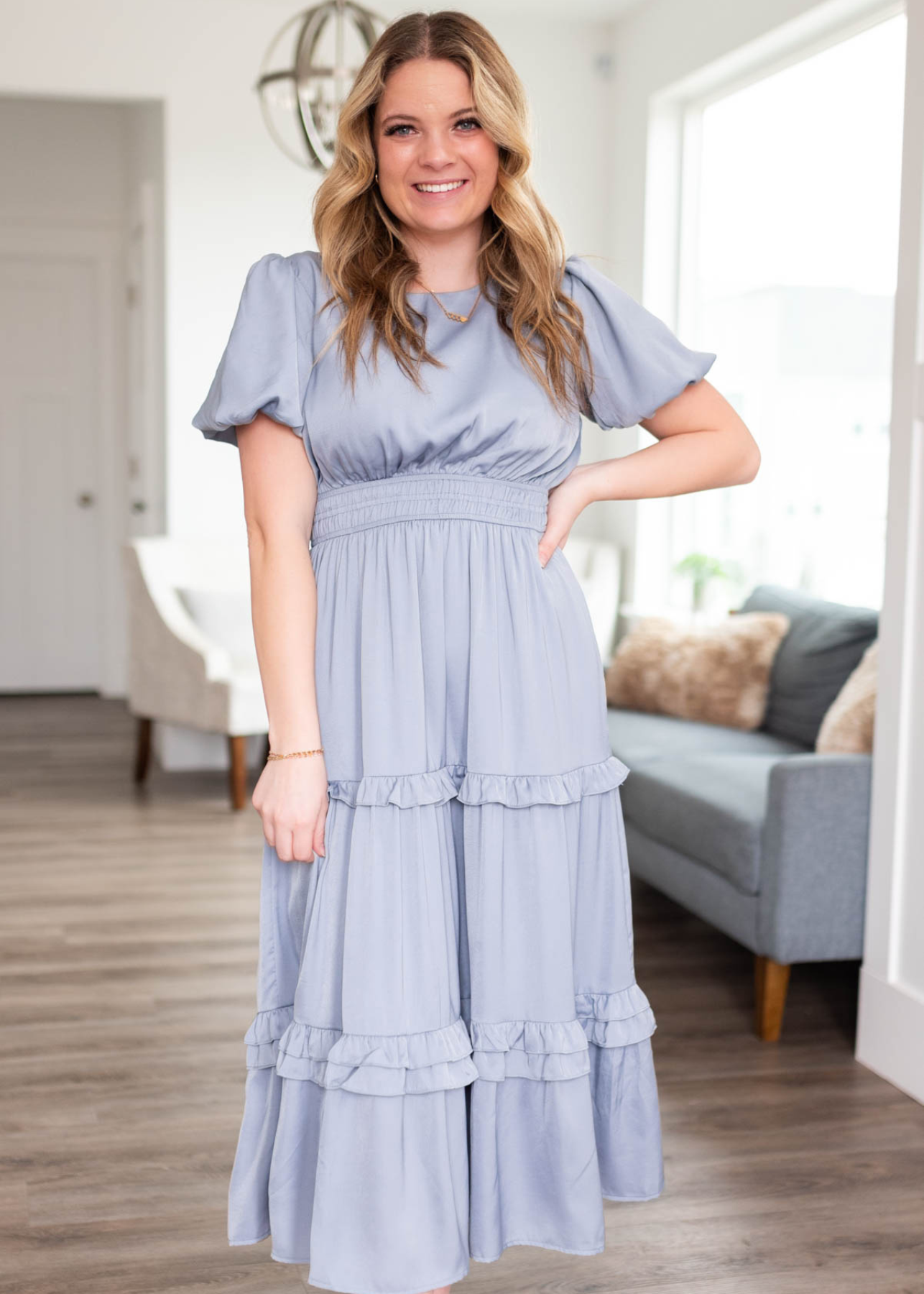 Saylor Dusty Blue Satin Ruffle Dress