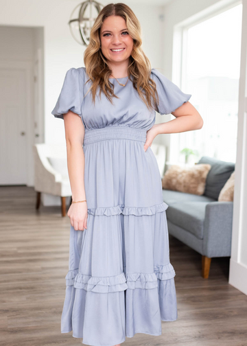 Saylor Dusty Blue Satin Ruffle Dress
