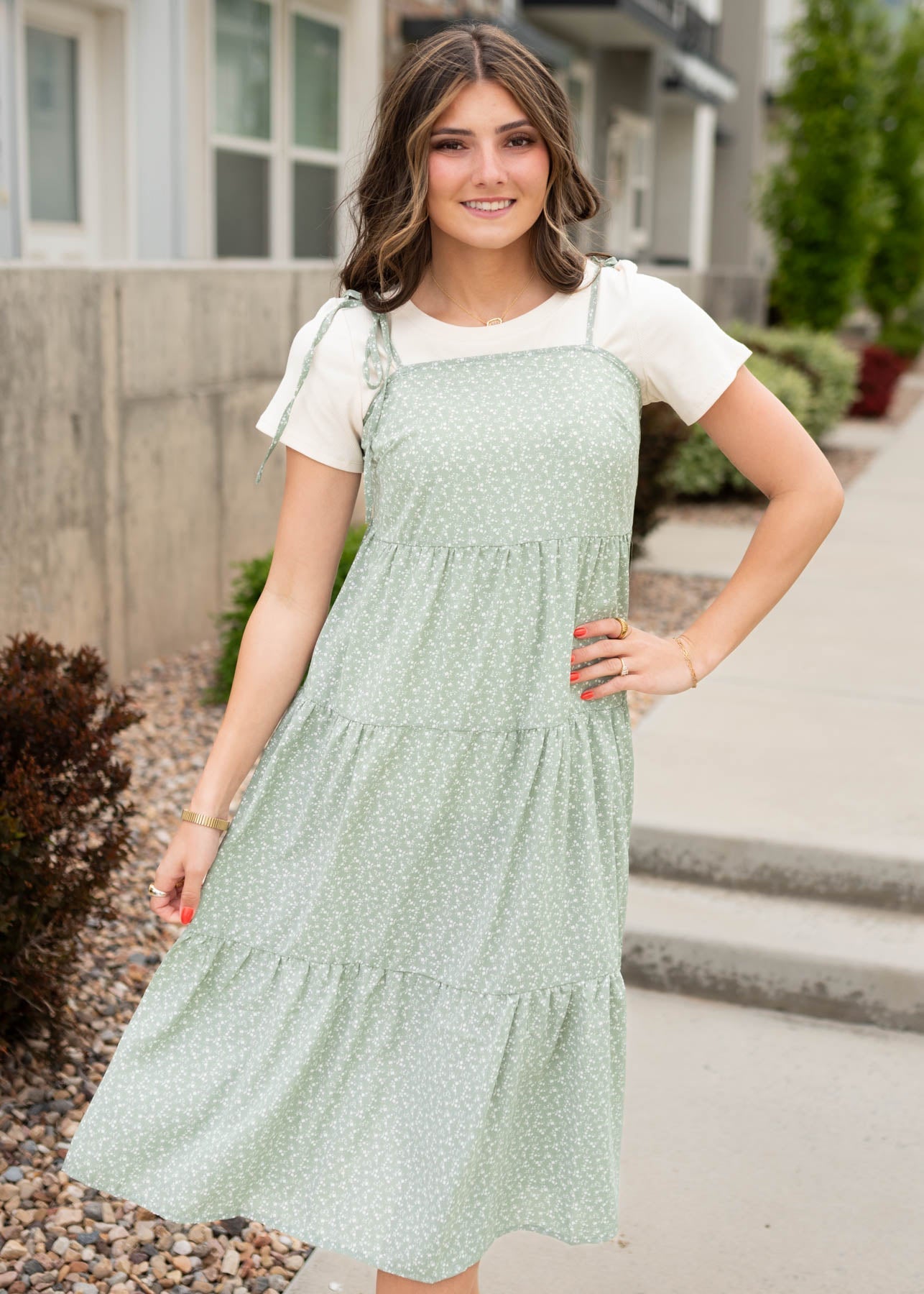 Sheree Sage Floral Print Shoulder Tie Dress