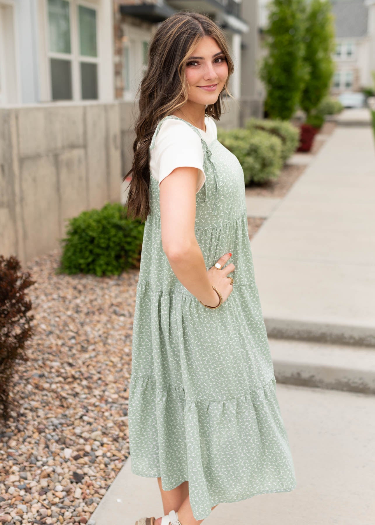 Sheree Sage Floral Print Shoulder Tie Dress