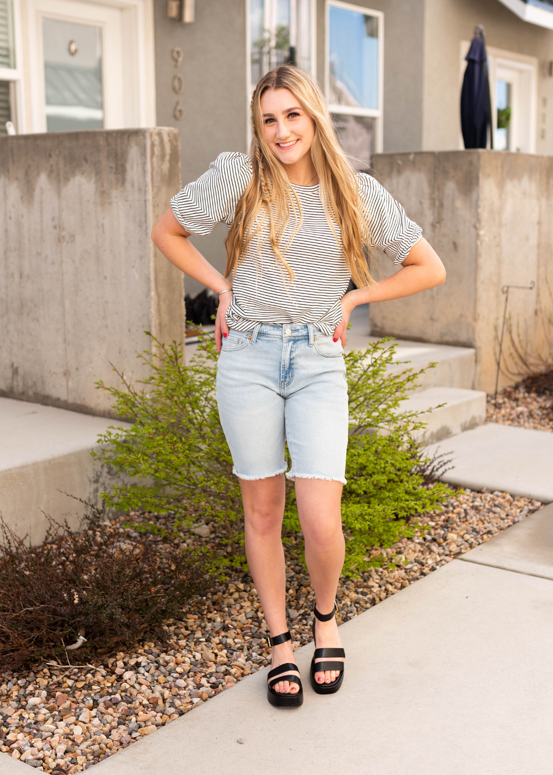 Sheryl Stripe Bubble Sleeve Top