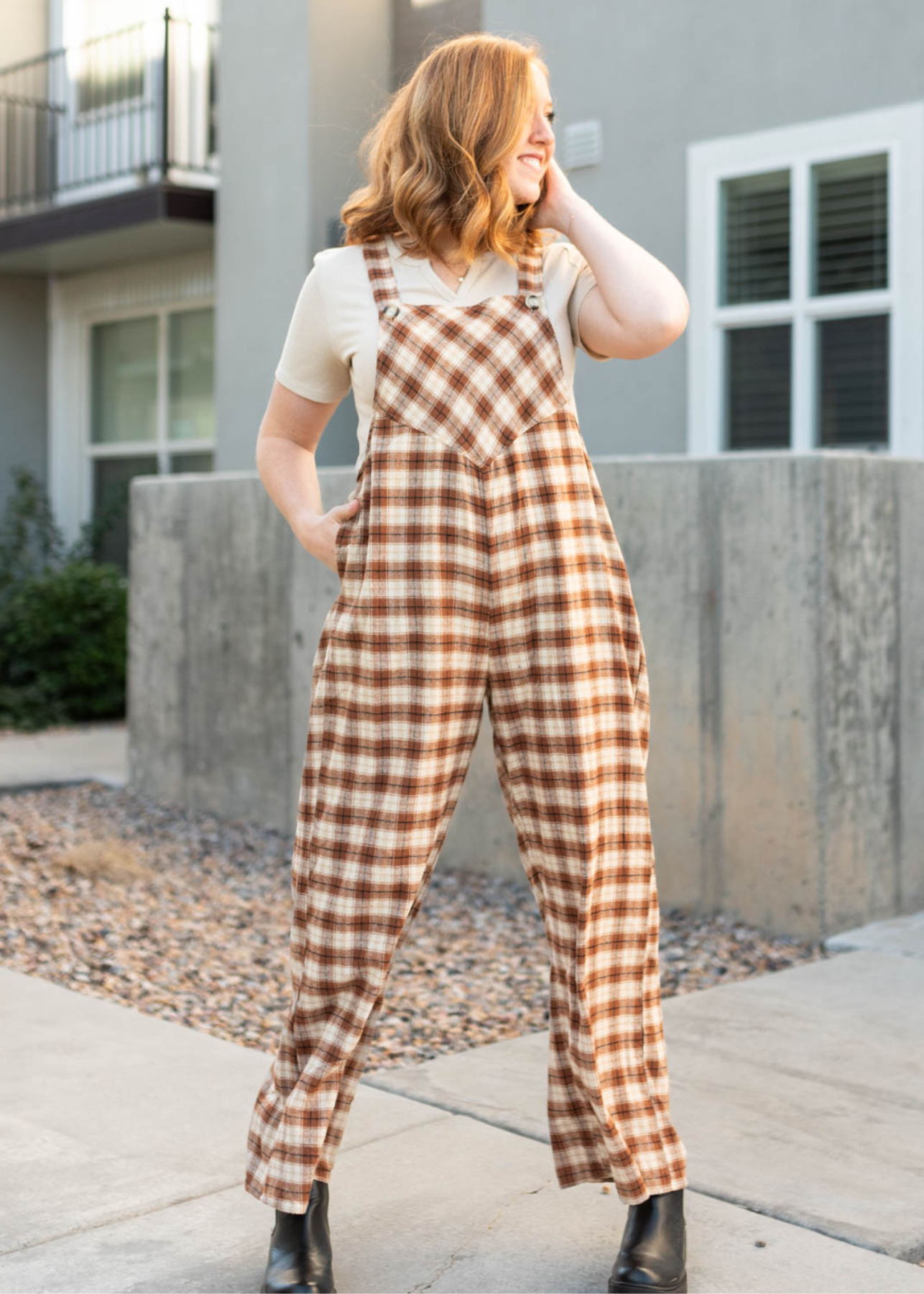 Sierra Camel Plaid Overalls