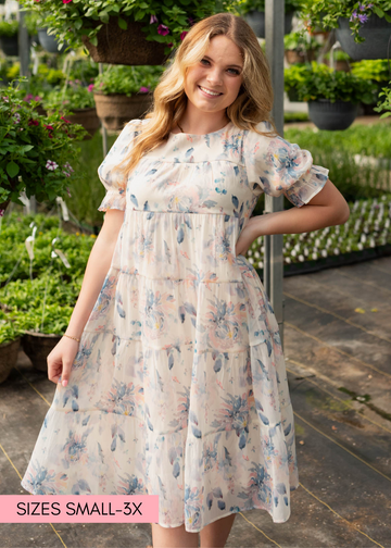 Sky Blue Floral Puff Sleeve Dress
