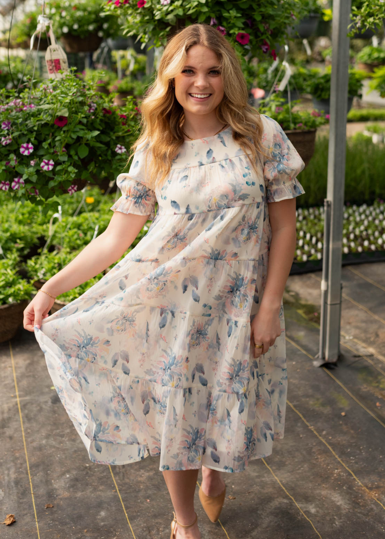Sky Blue Floral Puff Sleeve Dress
