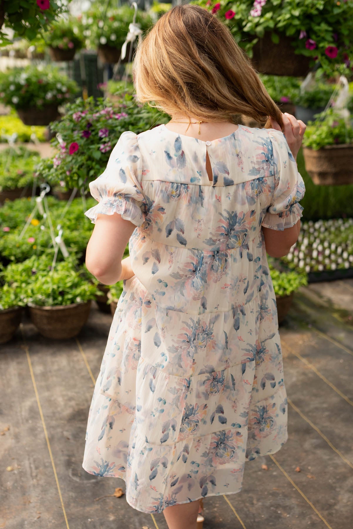 Sky Blue Floral Puff Sleeve Dress