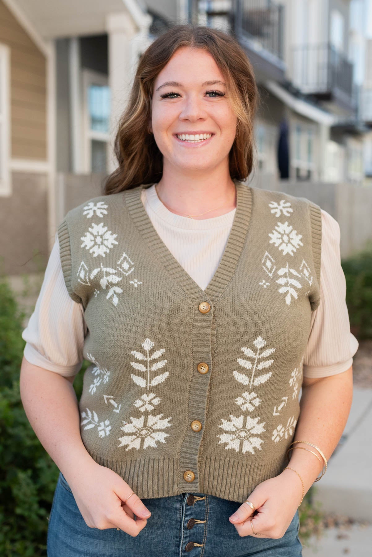 Sydney Light Olive Floral Sweater Vest
