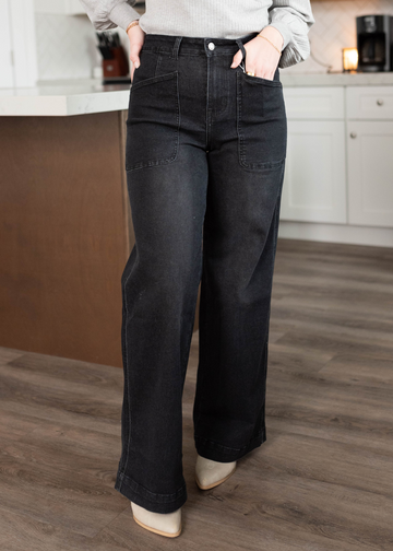 Taylen Black Denim Wide Leg Pants