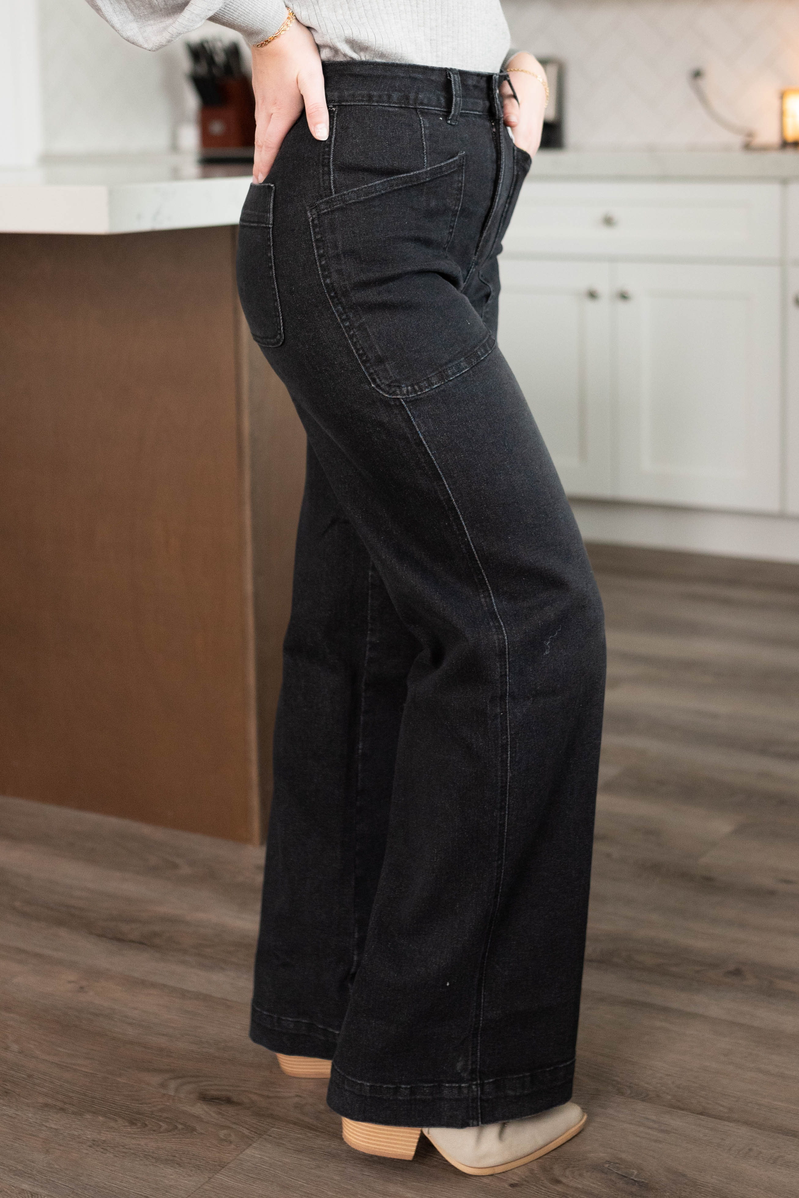 Taylen Black Denim Wide Leg Pants
