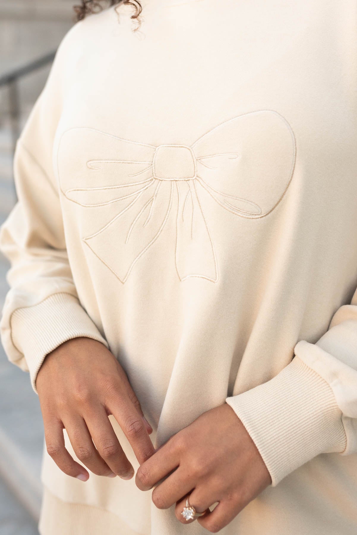 Tessa Beige Embroidered Bow Pullover