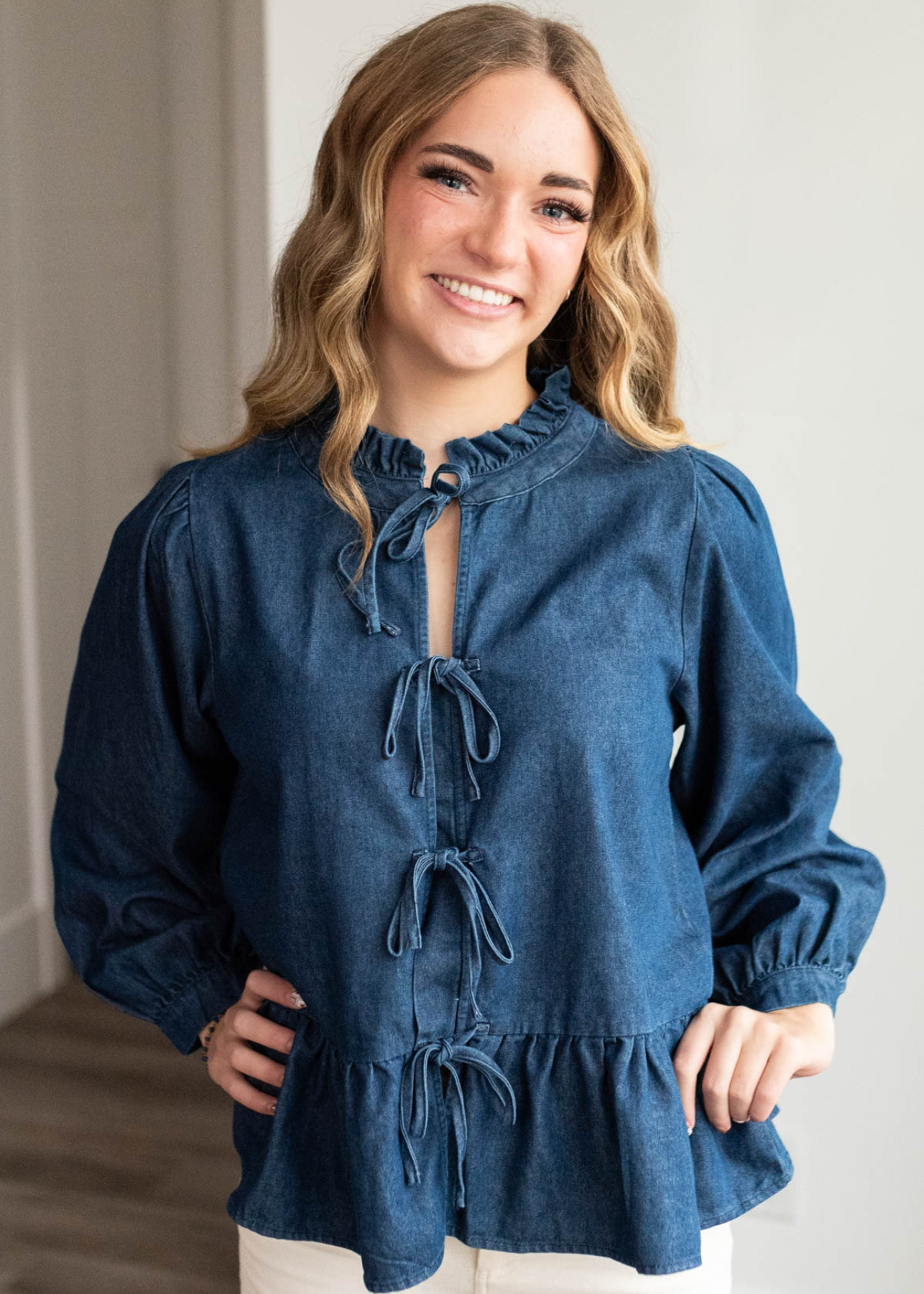 Tia Dark Denim Bow Top