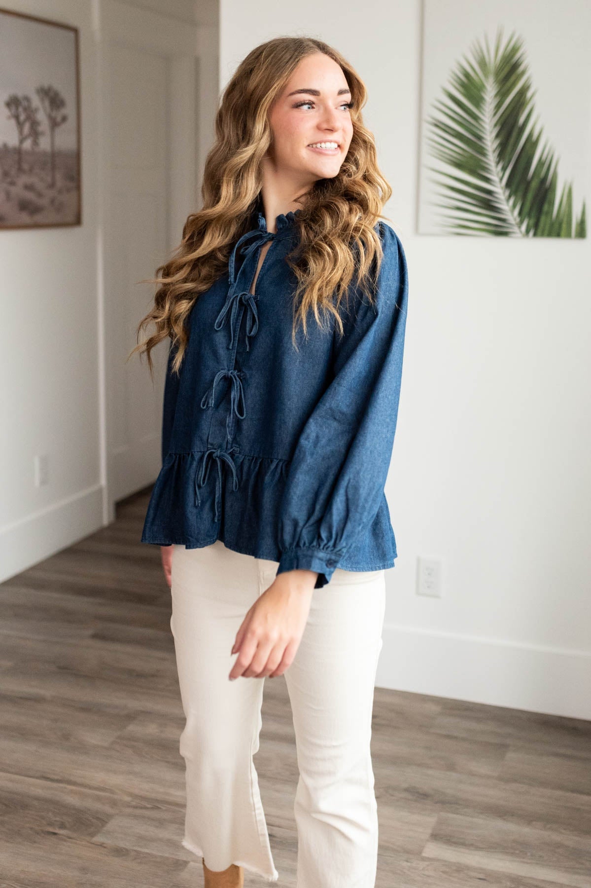 Tia Dark Denim Bow Top