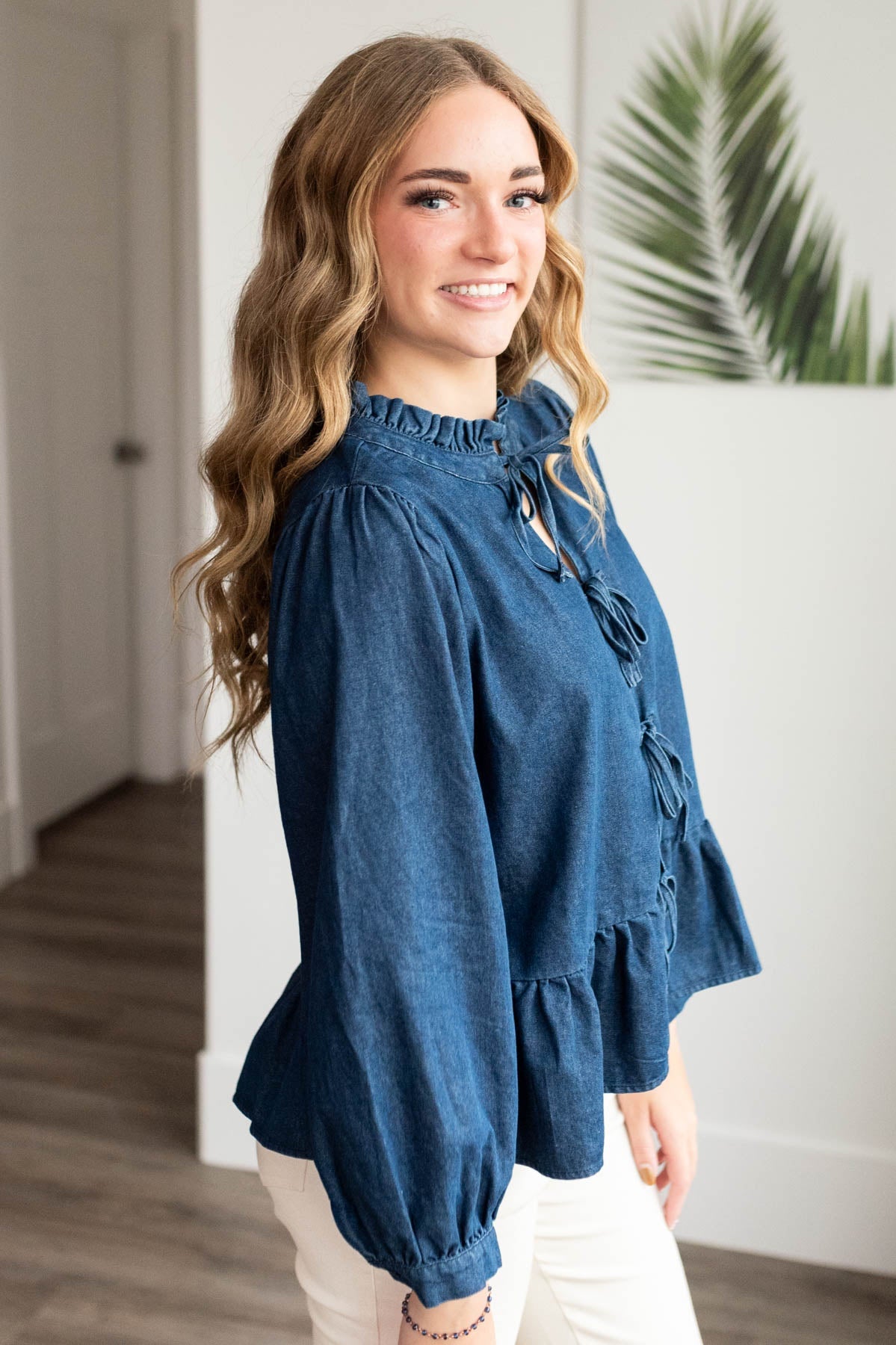 Tia Dark Denim Bow Top
