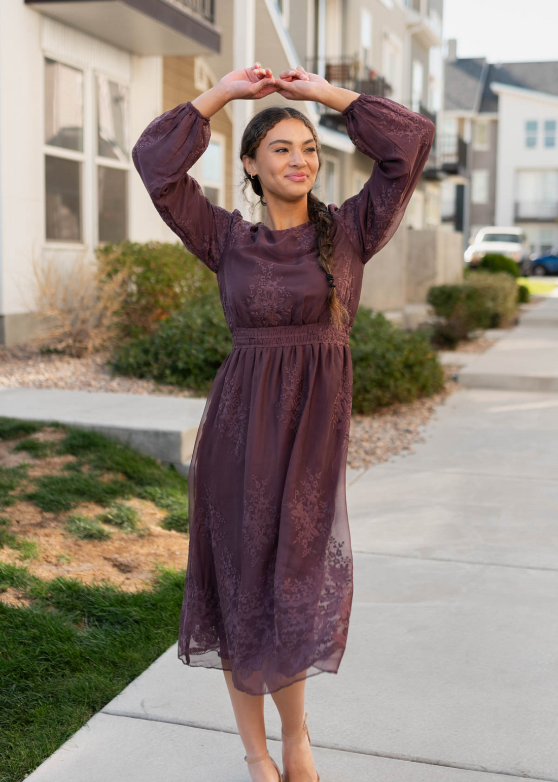 Tiana Dusty Plum Embroidred Chiffon Dress