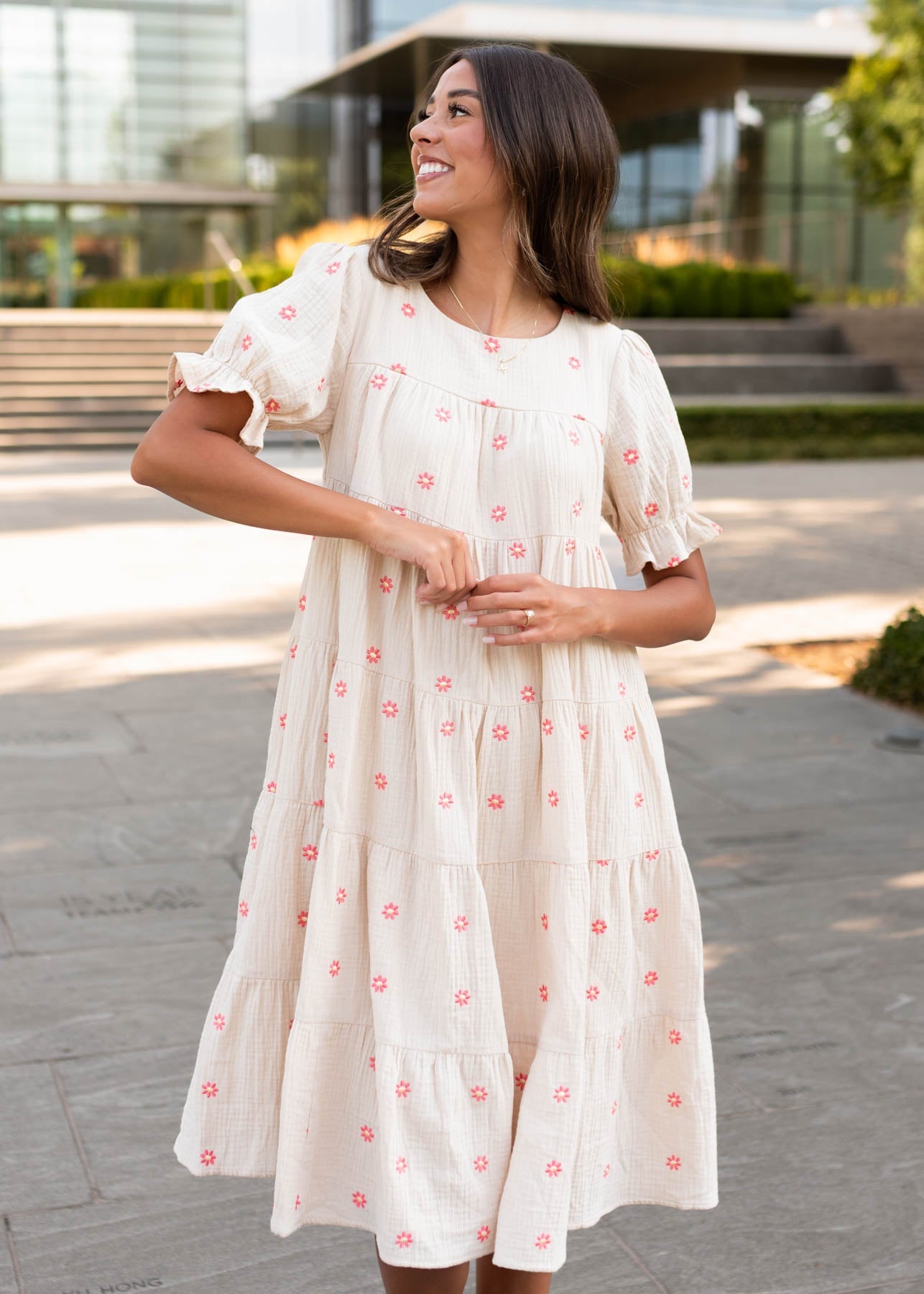 Trisha Beige Floral Embroidered Dress