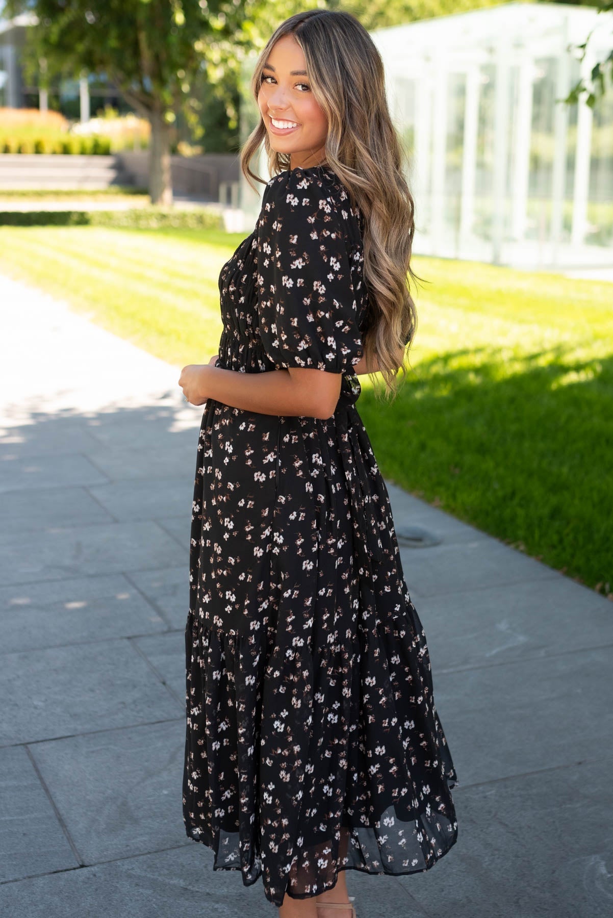 Zaylie Black Floral Smocked Dress