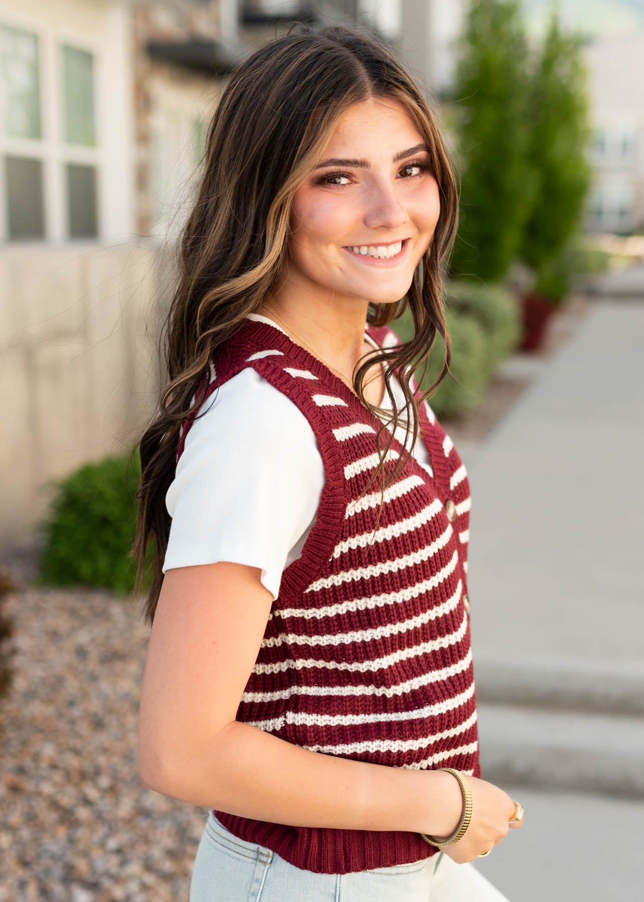 Sana Burgundy Striped Sweater Vest