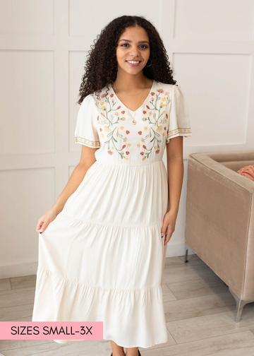 Hazel Ivory Embroidered Tiered Dress