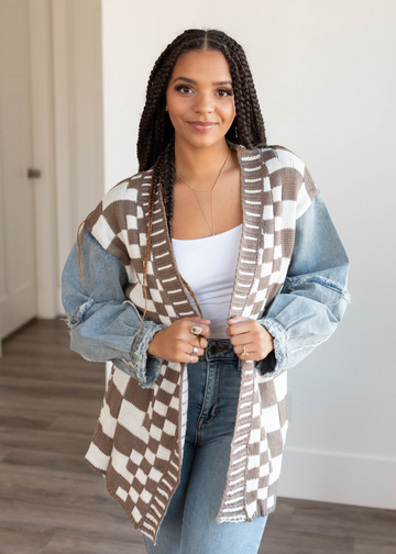 Lora Mocha Gingham and Denim Cardigan